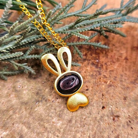 Silver Obsidian Flashy Stone Gold Matte Cute Bunny Pendant Necklace - Picture 9 of 10